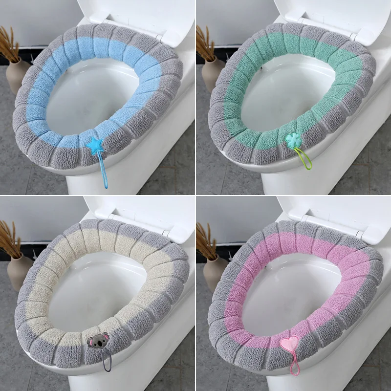 1 Pack Stitched Color Portable Knitted Toilet Mat Thickened Washable Antifreeze Toilet Cover Thickened Knitted O Type Universal