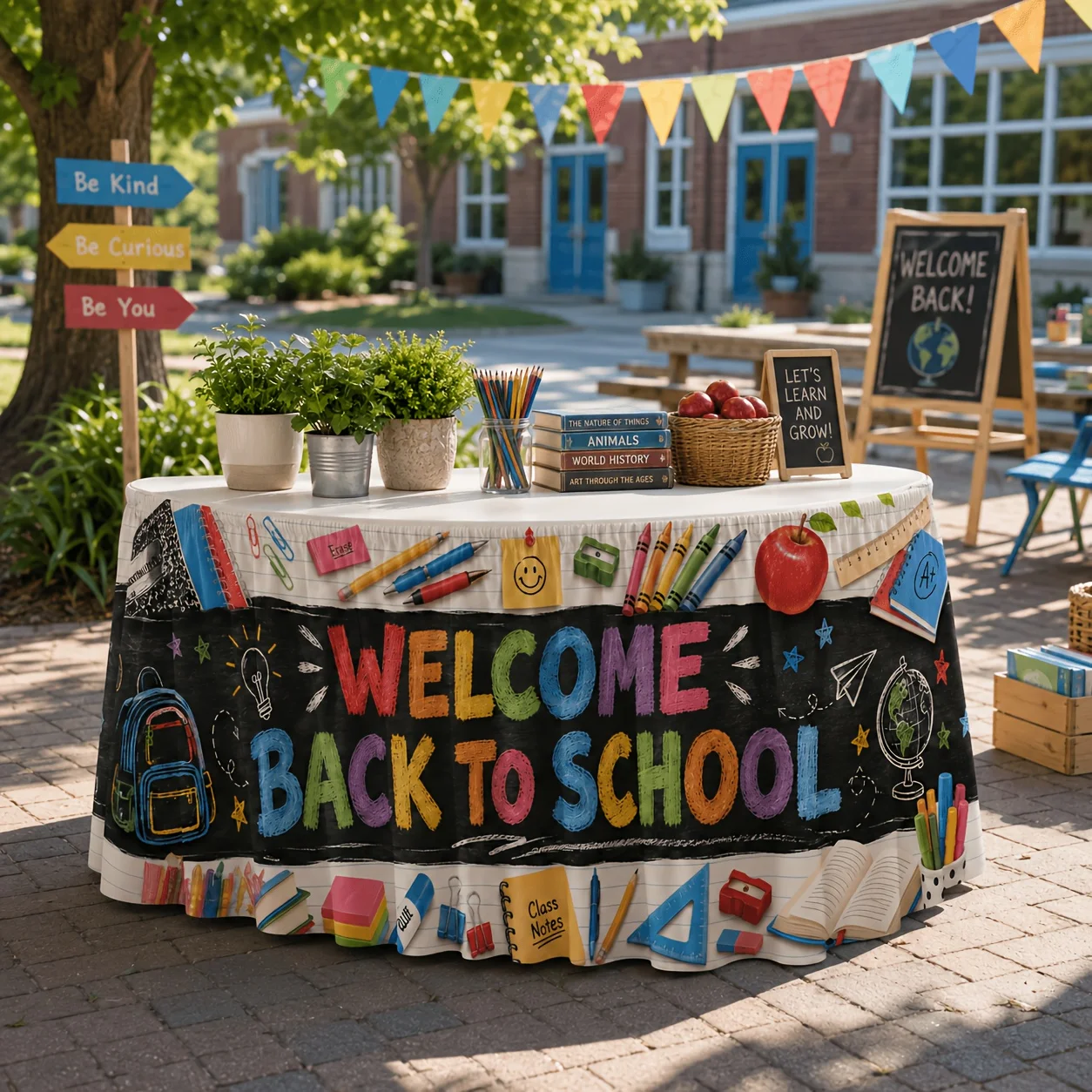 Earth backpack printed decoration, teacher podium, desk lamp, academic seminar registration booth, campus exposition
