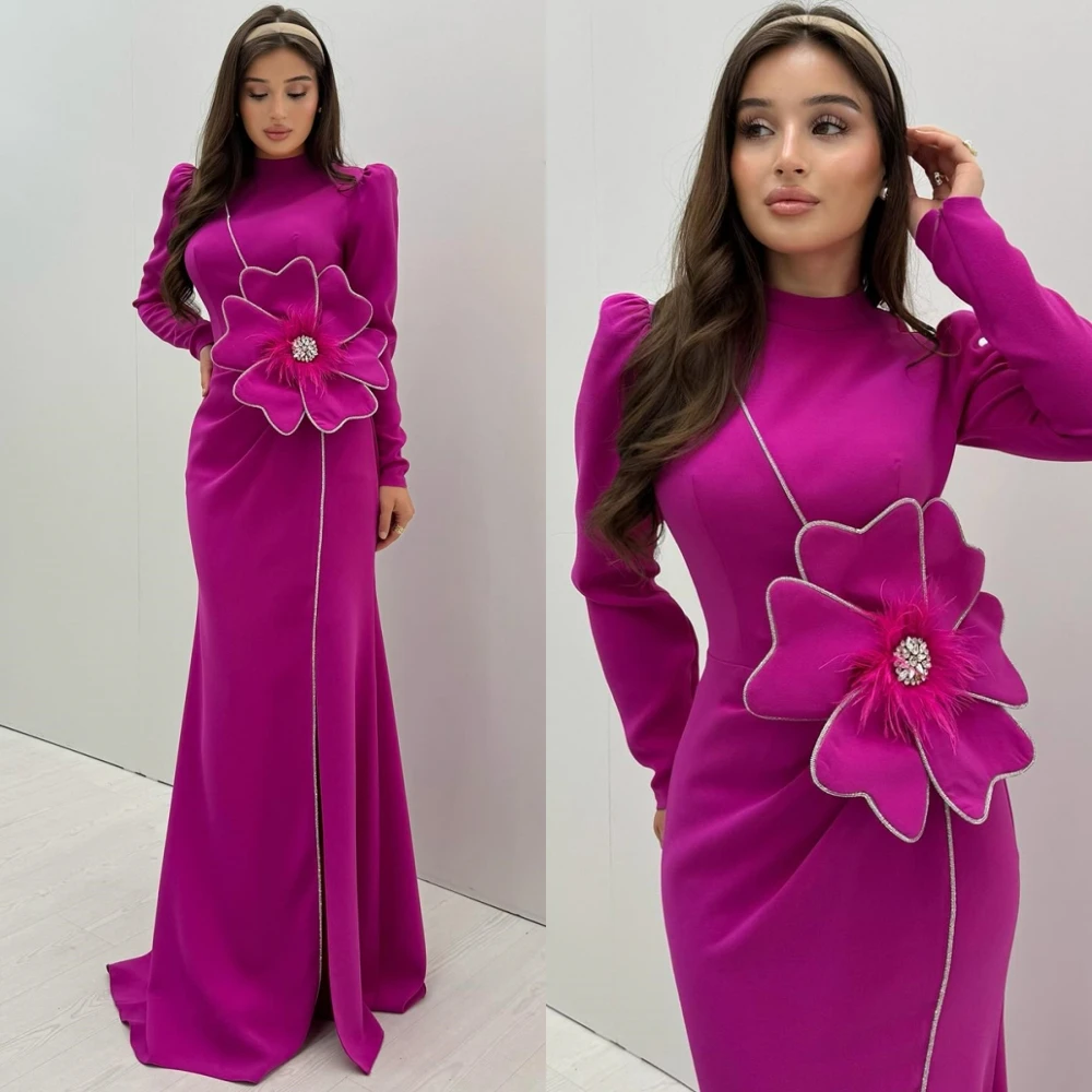 

Customized Exquisite High Collar Evening Dress Delicate Long Sleeves Prom Dresses Luxury Sweep Train Special Occasion Gowns