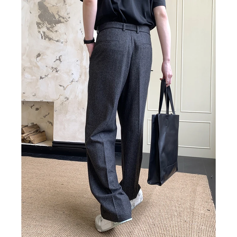 Men Autumn Winter 50% Wool with Belt Loose Causal Korean Fashion Thicken Wide Leg Suit Pant Commuter Man Straight Baggy Trousers