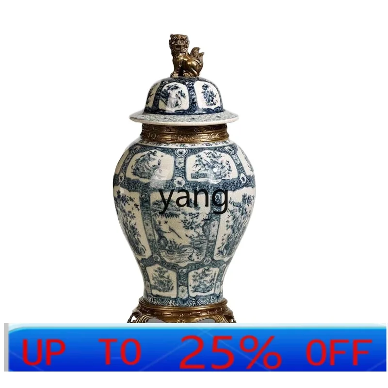 lmm  Blue and White Porcelain Inlaid Copper General Jar with Cover Classical Storage Jar Decoration