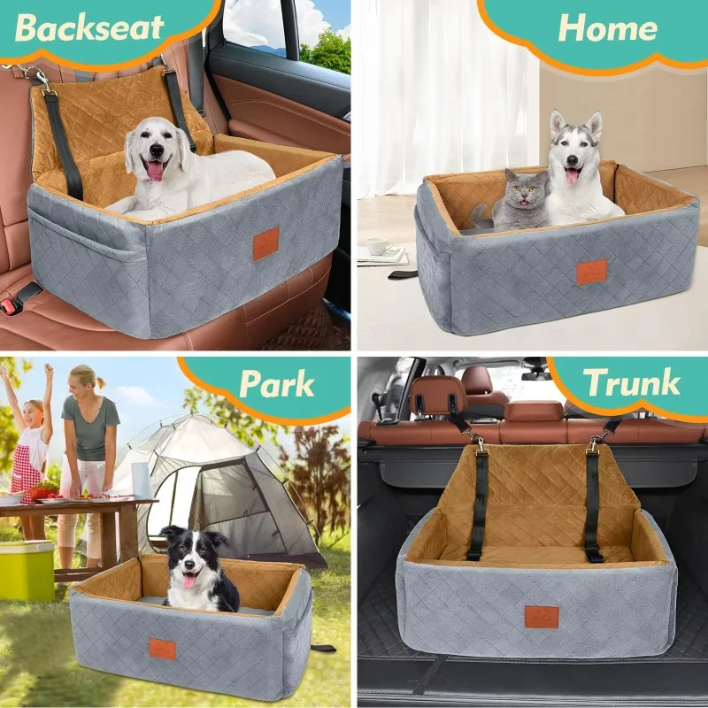 Luxury Modern Square Dog Car Plush Velvet Pet Booster Memory Sponge  Cushion Premium Seat Belt Carton Packaging