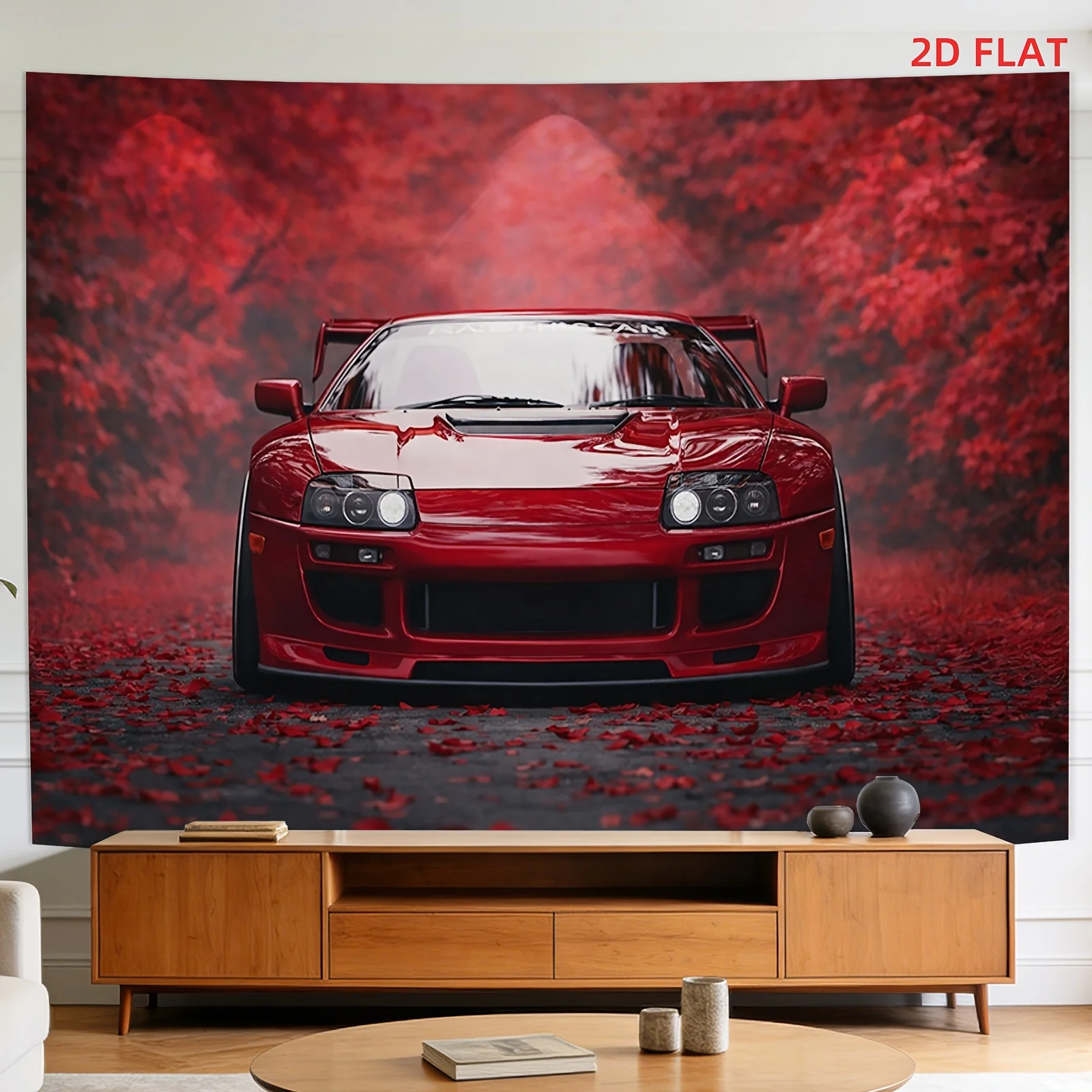 Red Mazda RX-7 FD3S JDM Tapestry, Modified Sports Car in Red Leaves Forest Wall Hanging, Car Lover Room Decor 1pcs