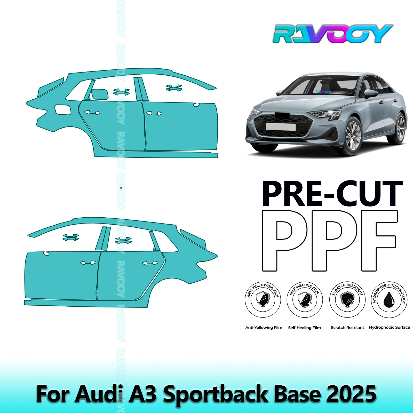 

For Audi A3 Sportback Base 2025 8.5mil Clear Matte Pre-Cut PPF Door & A/B Pillar Kit TPU Paint Protection Film Set