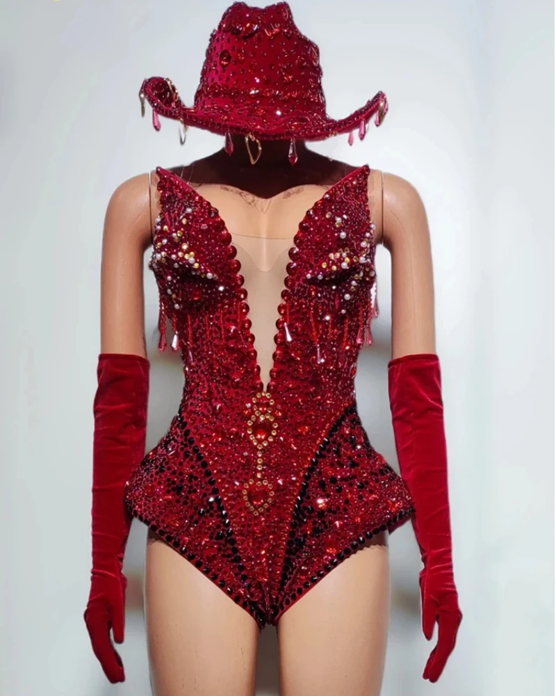 New Modern Dance Costume Full Diamond Multi-color Tight and Sexy Jumpsuit, Gloves, Hats, Party Stage Performance Costumes