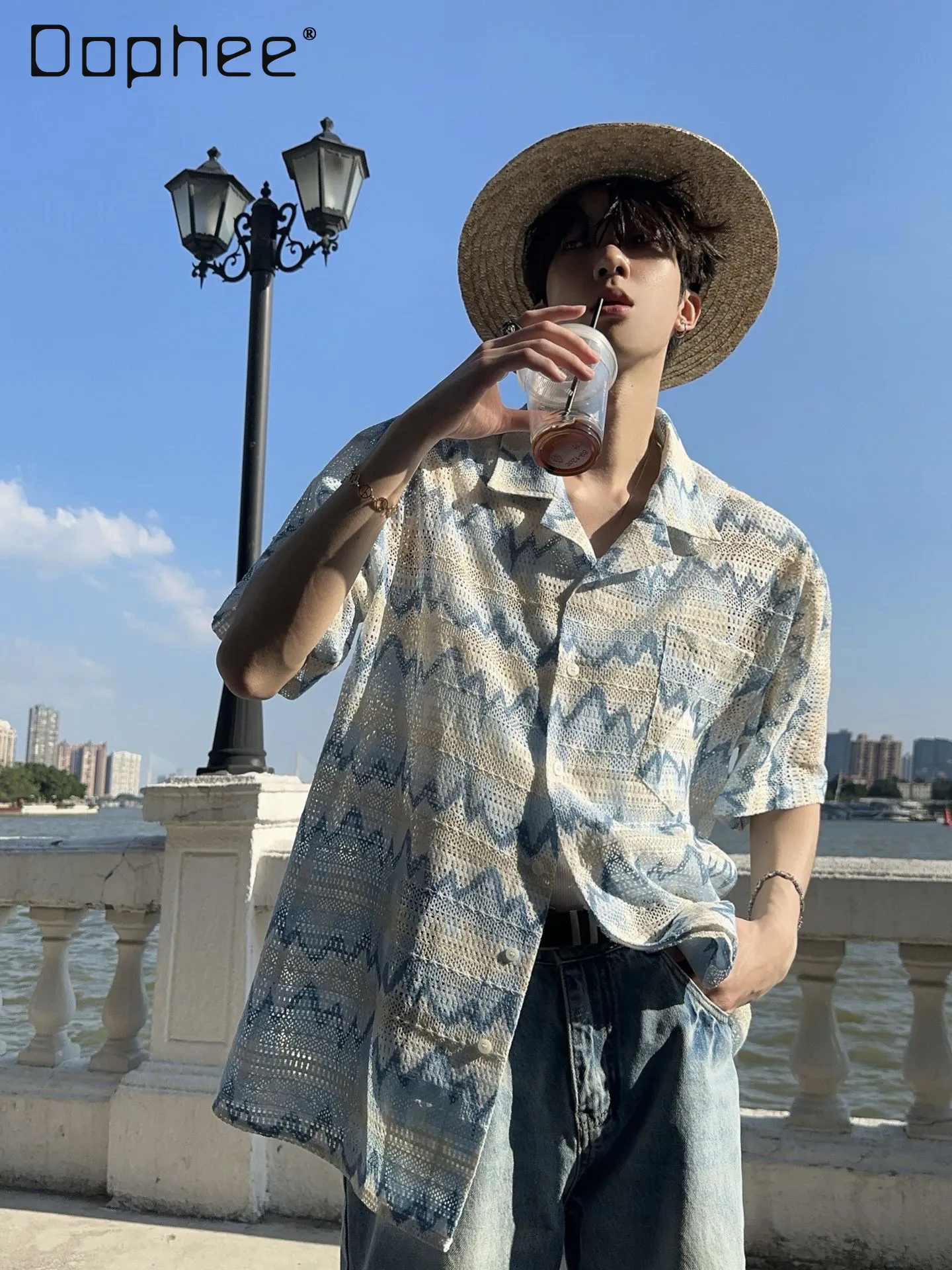 Summer Japanese Vacation Hollow Wave Mountain Print Short Sleeve Shirt Men Loose Casual Breathable Beach Blue Blouse