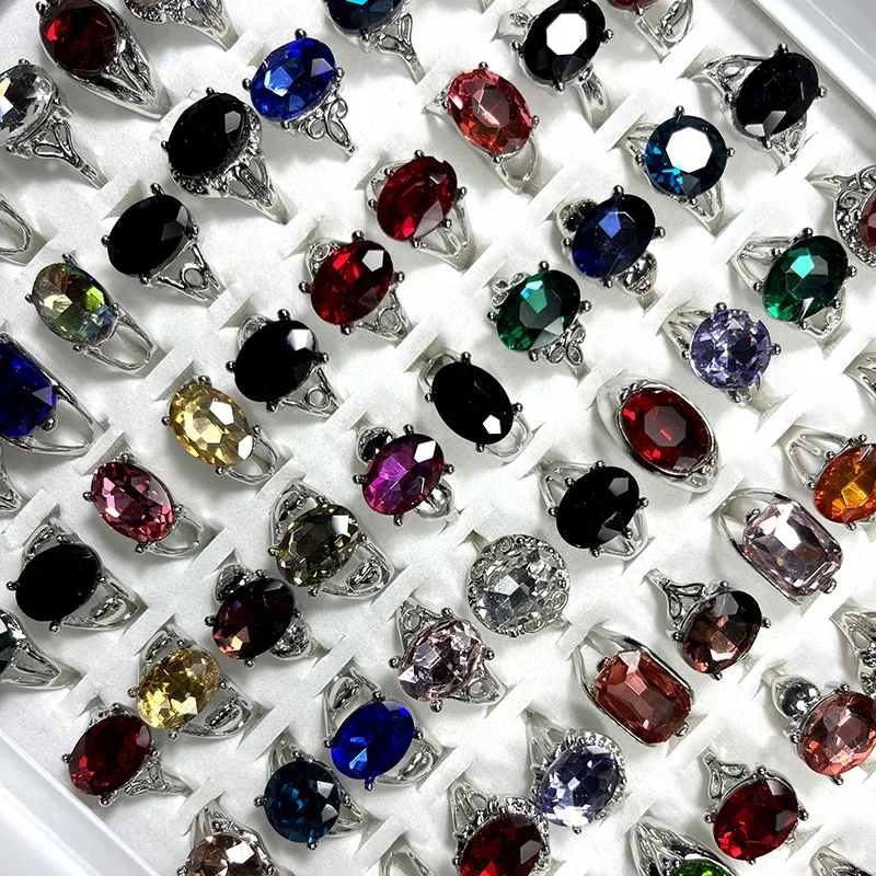 50pcs/Lot Factory Wholesale Alloy Finger Rings For Women Jewelry Multicolored Gemstone Colorful Crystal Zirconia Ring Lots