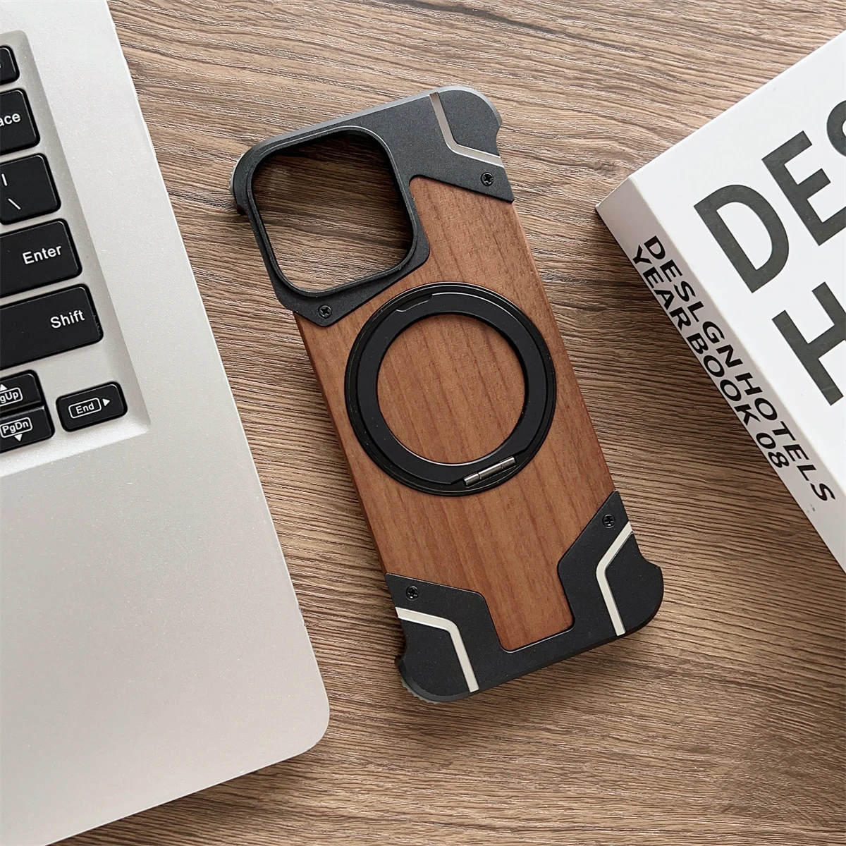 Aluminum Alloy Frameless Magnetic Holder MagSafe Phone Case For iPhone 16 13 14 15 Pro Max Plus Metal Frame Walnut Bumper Cover