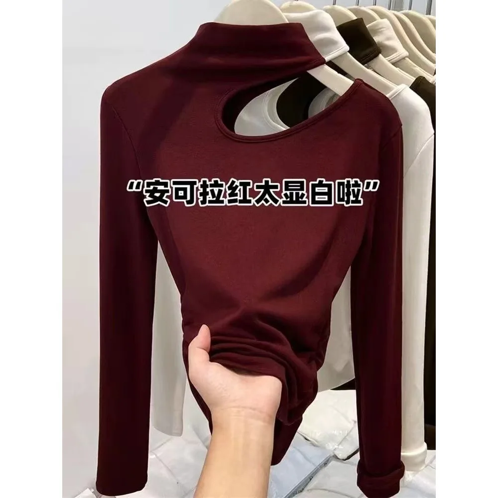 

Semi-turtleneck Long-sleeved T-shirt Women's Autumn and Winter New Slim-fit Spice Girl Polished Plush Bottoming Shirt with