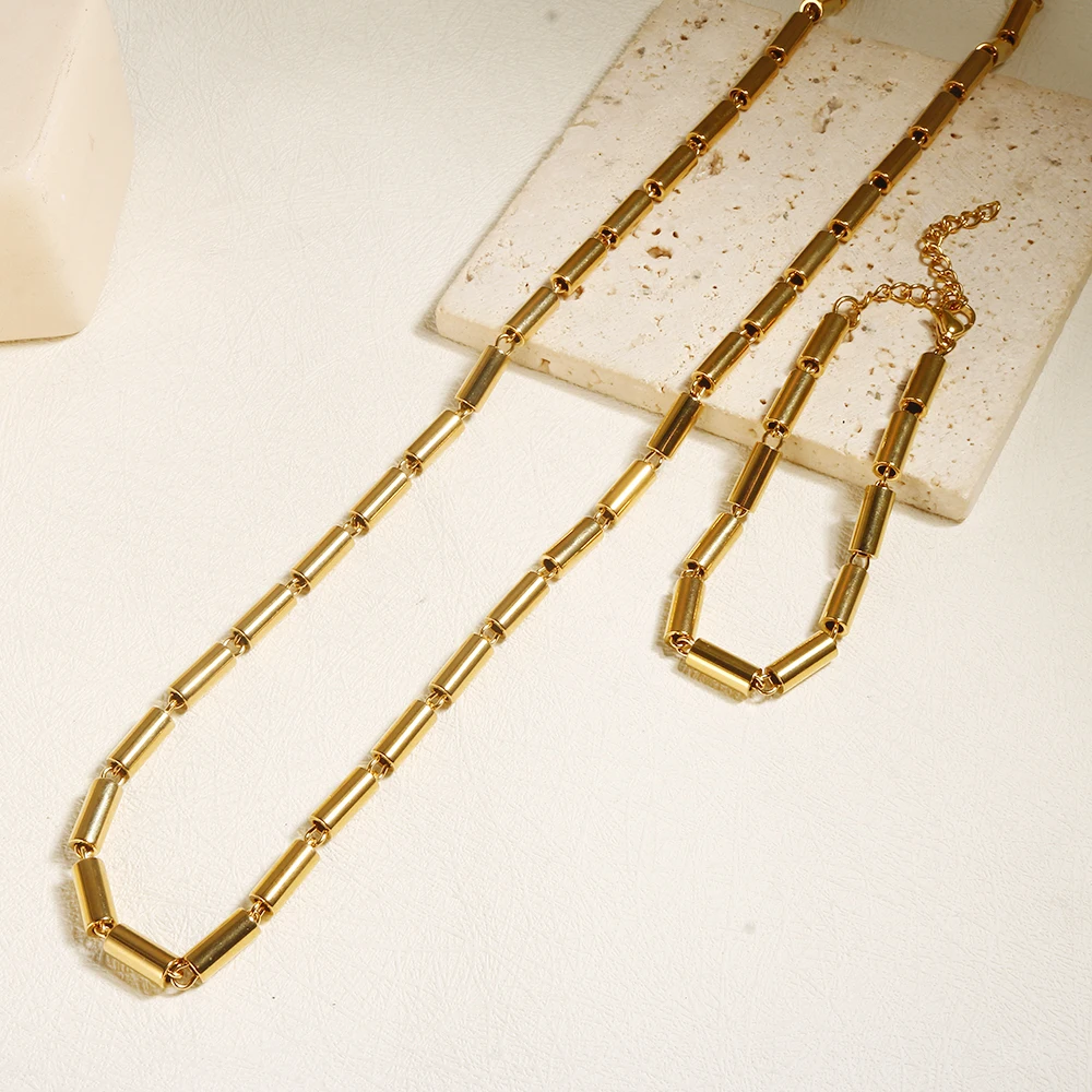 Punk Round Pipe Metal Necklace For Men Women High Polished Gold Color Plated Stainless Steel Jewelry Sets Couple Bracelet Gift