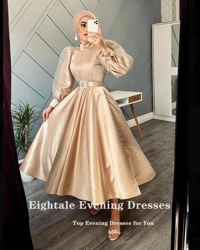 Eightale Champagne Prom Dress Long Sleeves Short Evening Gown Belt Ladies Dresses for Special Occasion Vestido De Fiesta De Boda