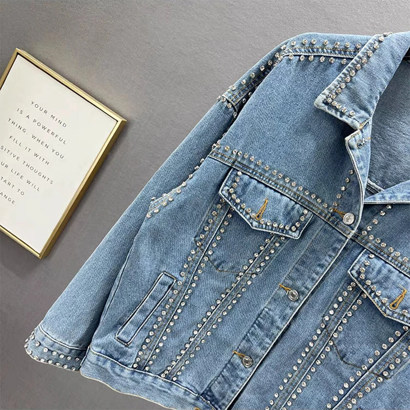 Giacca di jeans con perline con strass per donna Giacche autunnali alla moda High Street Cappotto lucido femminile con risvolto allentato americano