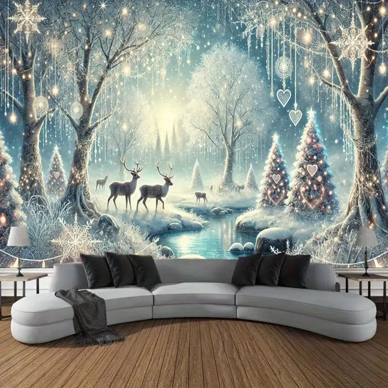 VIKAMA Winter Wonderland Tapestry Glowing Forest Deer Snowflake Heart Pine Scene Wall Hanging 2027 Christmas Home Decor