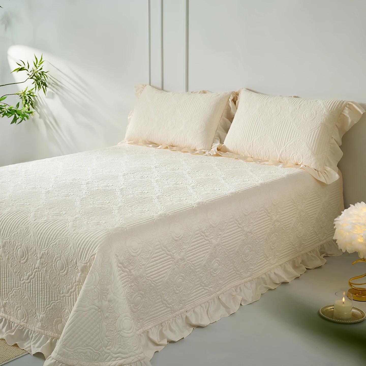 100S Long-staple Cotton Quilted Ruffles Bedspread, Queen King Size, Bed Cover, Mattress Topper Coverlet, Bed Sheet, Pillowcases