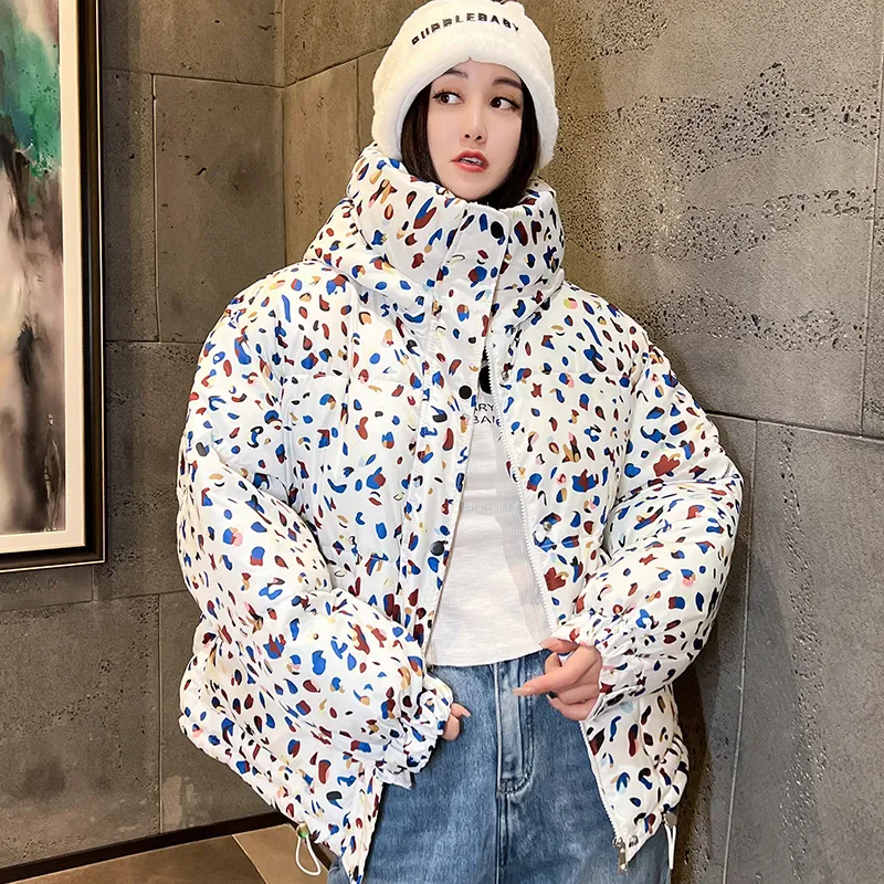 Down Cotton Coat Womens 2024 New Winter Jacket Short Loose Padded Coats Printing Hooded All-match Fashion Korean Bread Jackets