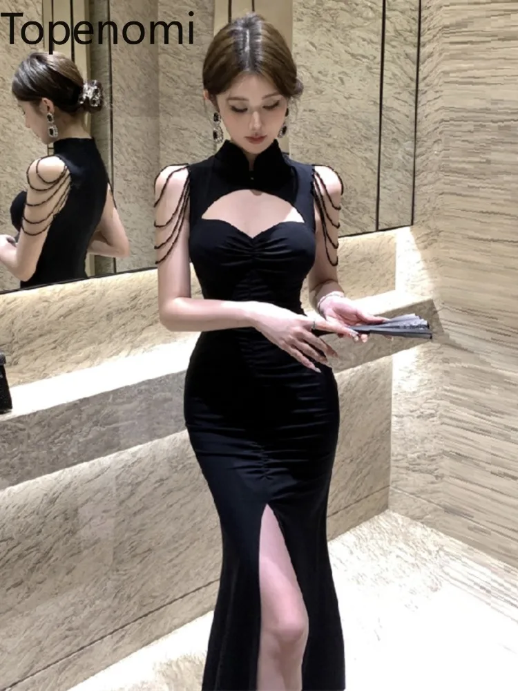 Topenomi Vintage Evening Dress Women Sexy Off Shoulder Tassel High Waist Slim Split Wedding Party Gown Cocktail Black Long Robe