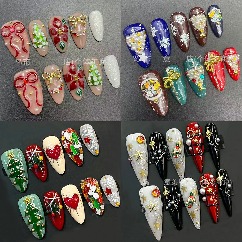 

10Pcs Christmas Festival Series Handmade Almond Reusable Press On Nails Christmas Tree Snowflake Pearl Bowknot Garland Fake Nail