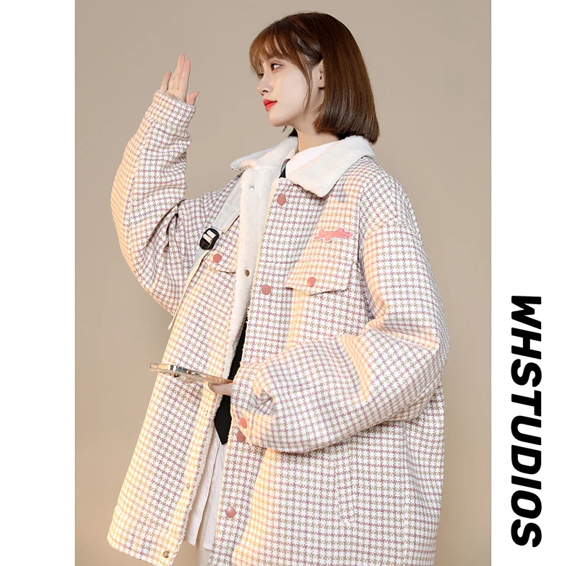 Women\'s Plaid Parka Jacket Overcoat Warm Long Sleeve Down Jackets Vintage Harajuku Korean Padded Jacket Winter 2000s 90s Clothes