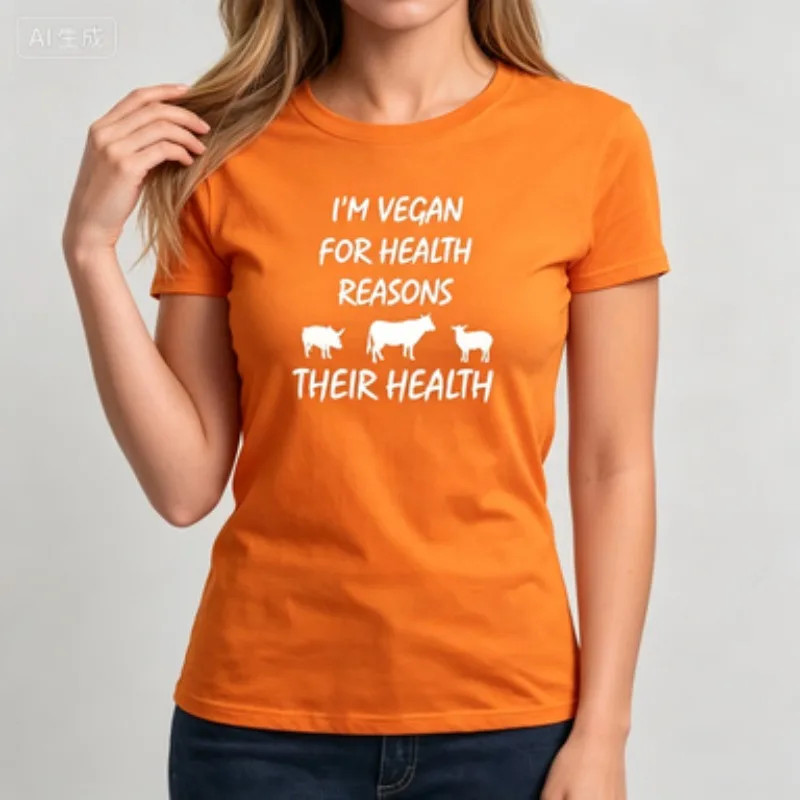 Ladies Cotton Round Neck Short Sleeve T‑Shirt, Vegan Pig Cow Sheep Print Casual Funny Statement Daily Wear Te
