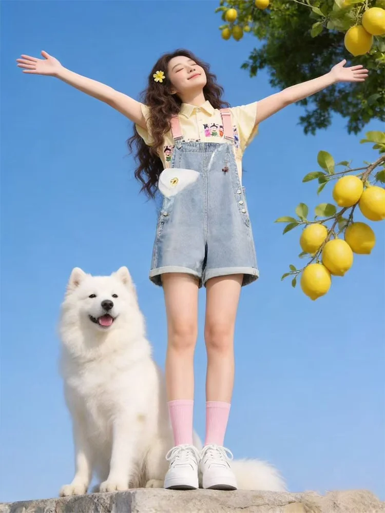 

Dopamine College Style Denim Overalls Set Women Spring Summer Cartoon Pattern Collar Anti-Aging Shirt Two Piece Set