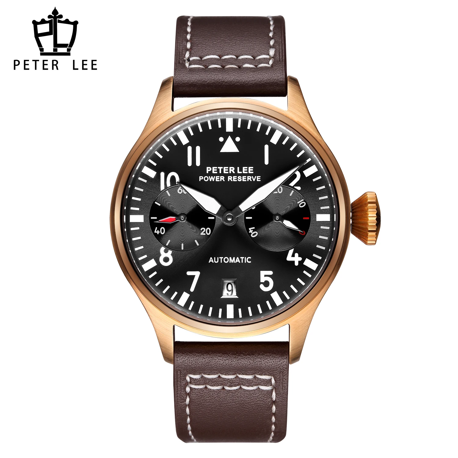 Marcas de lujo PETER LEE movimiento automático relojes de piloto mecánicos para hombre elegante luminoso aviador cuero regalos masculinos reloj