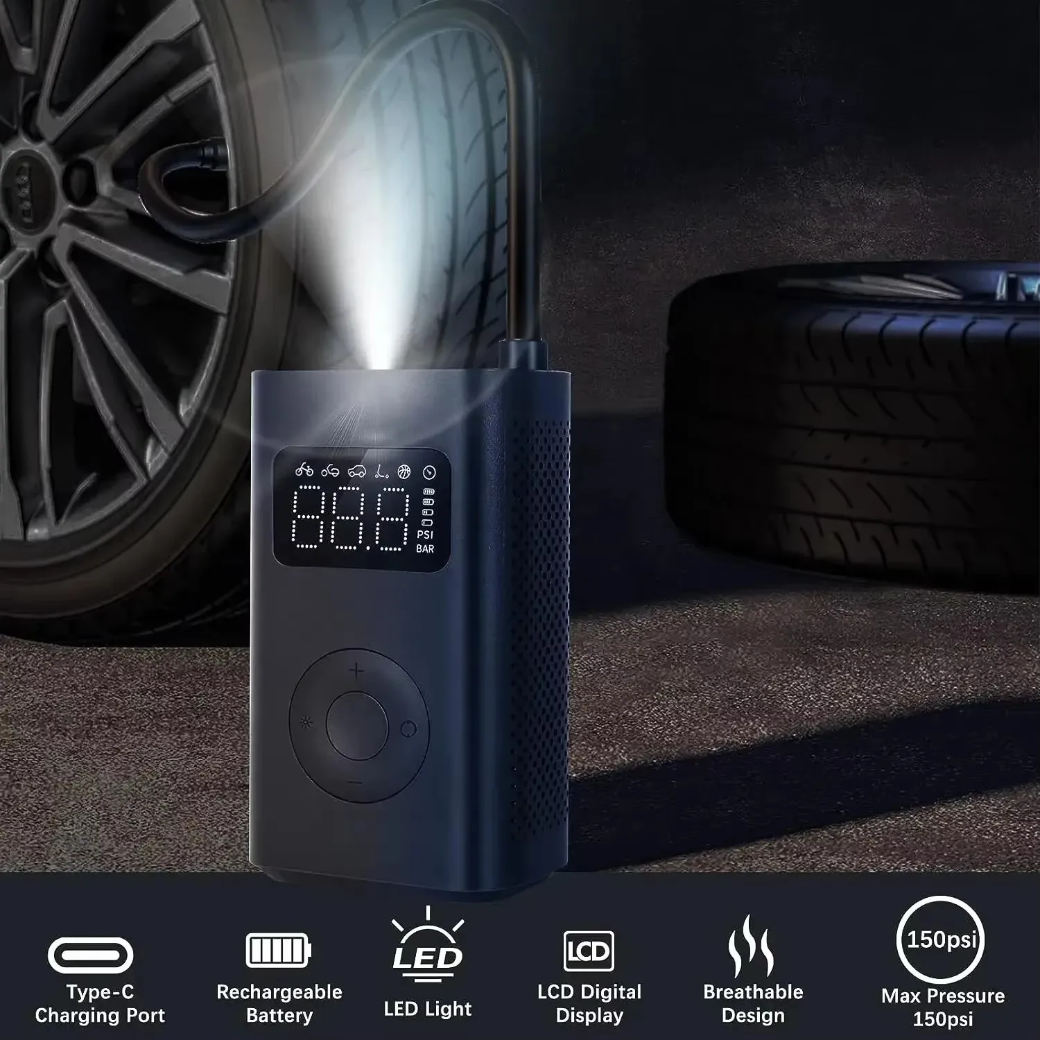 Xiaomi Mijia Compresor de Aire Portátil 2/2D, Inflador de Neumáticos Inalámbrico 150PSI, Bomba de Aire Eléctrica para Coches, Motocicletas y Bicicletas