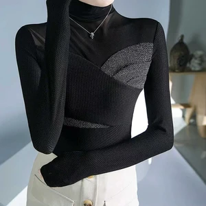 Evnisi Frauen verspottet Hals Langarmärmel Elastizität Bluse Brilliant Seidennetz Glitter Hemd Sexy Perspektive Top Frauen Frühling Herbst 8 Hauptverkaufsblusennetzhelligkeit - №8