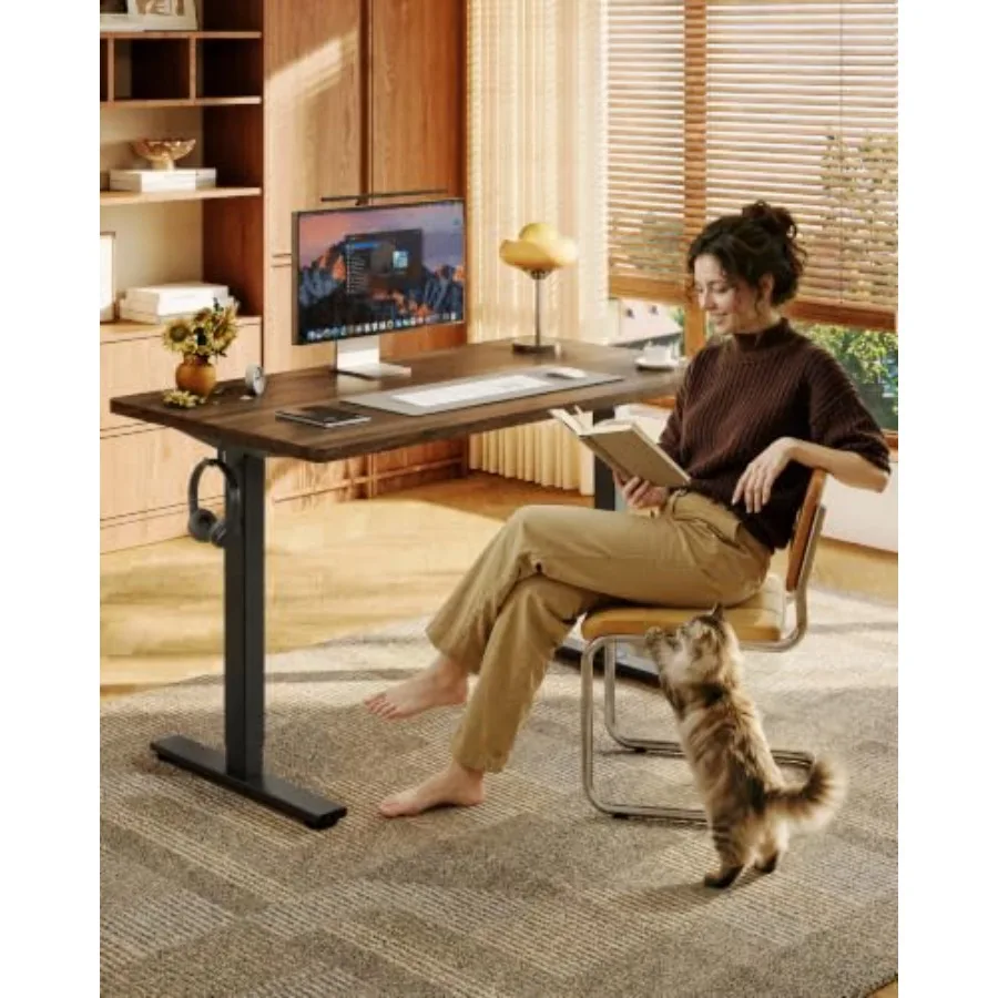 Office standing desk, steel frame, matte black, height-adjustable single-piece design for ergonomic workspace
