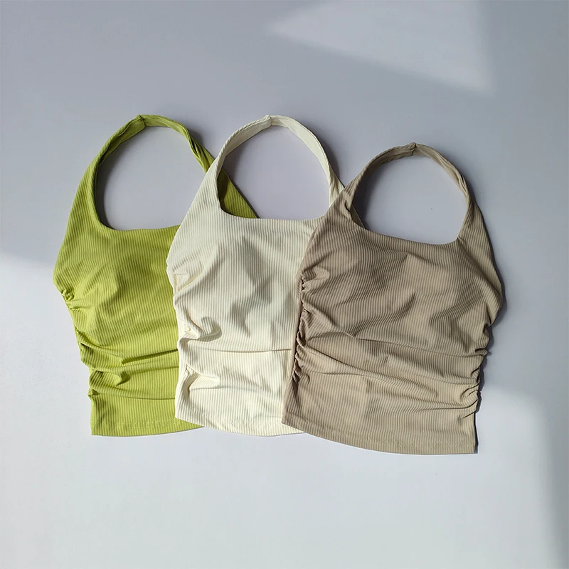 Kleines Neckholder-Top für Damen mit gerafftem Rücken, Sport-Lingerie, integriertes Yoga-Oberteil mit Brustpolster – Detail 15