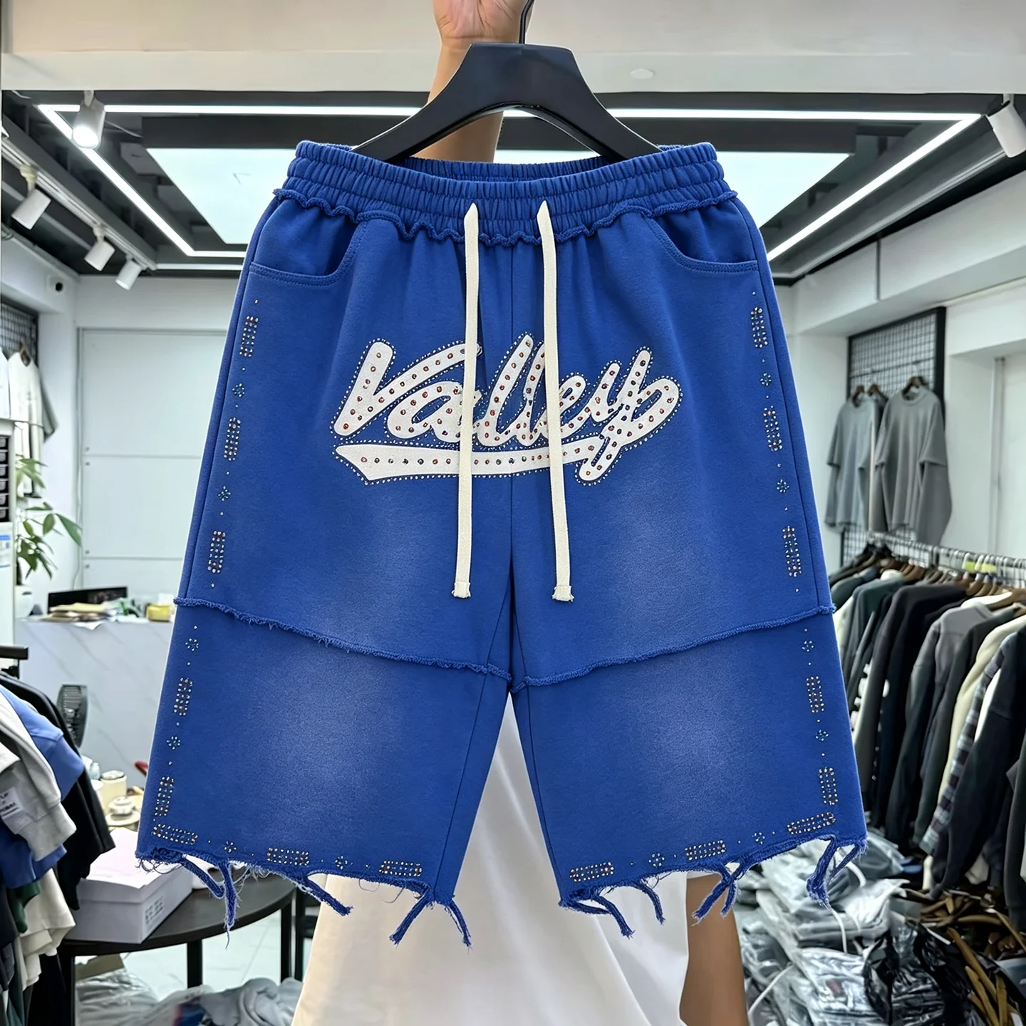 Vintage Street Letter Embroidery Patchwork Rhinestone Shorts Casual Loose Straight Five-Quarter Length Youth Summer Fashion