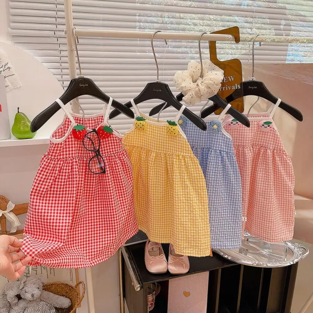 Gingham Pattern Girls Summer Dress Fruit Applique Spaghetti Straps Gathered Skirt Soft and Breathable Kids Strap Dress
