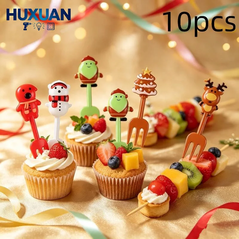 Lovely Christmas Cartoon Fruit Forks 10 Pcs Reindeer Snowman Santa Pattern for Kids Lunchbox Dessert Table Holiday Decor