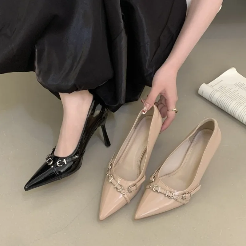 

Aneikeh Spring Retro Fashion High Heel Smetal Buckle Stiletto Heel Women's Banquet Prom Dress Party Slip-On Single Shoes
