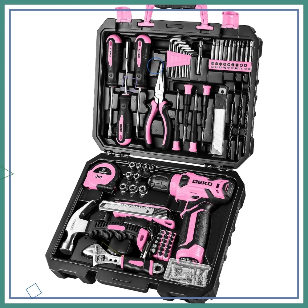 Pink Cordless Drill Set for Women, 8V Home Tool Kit with 126 Pieces, Hand Tools for DIY Projects