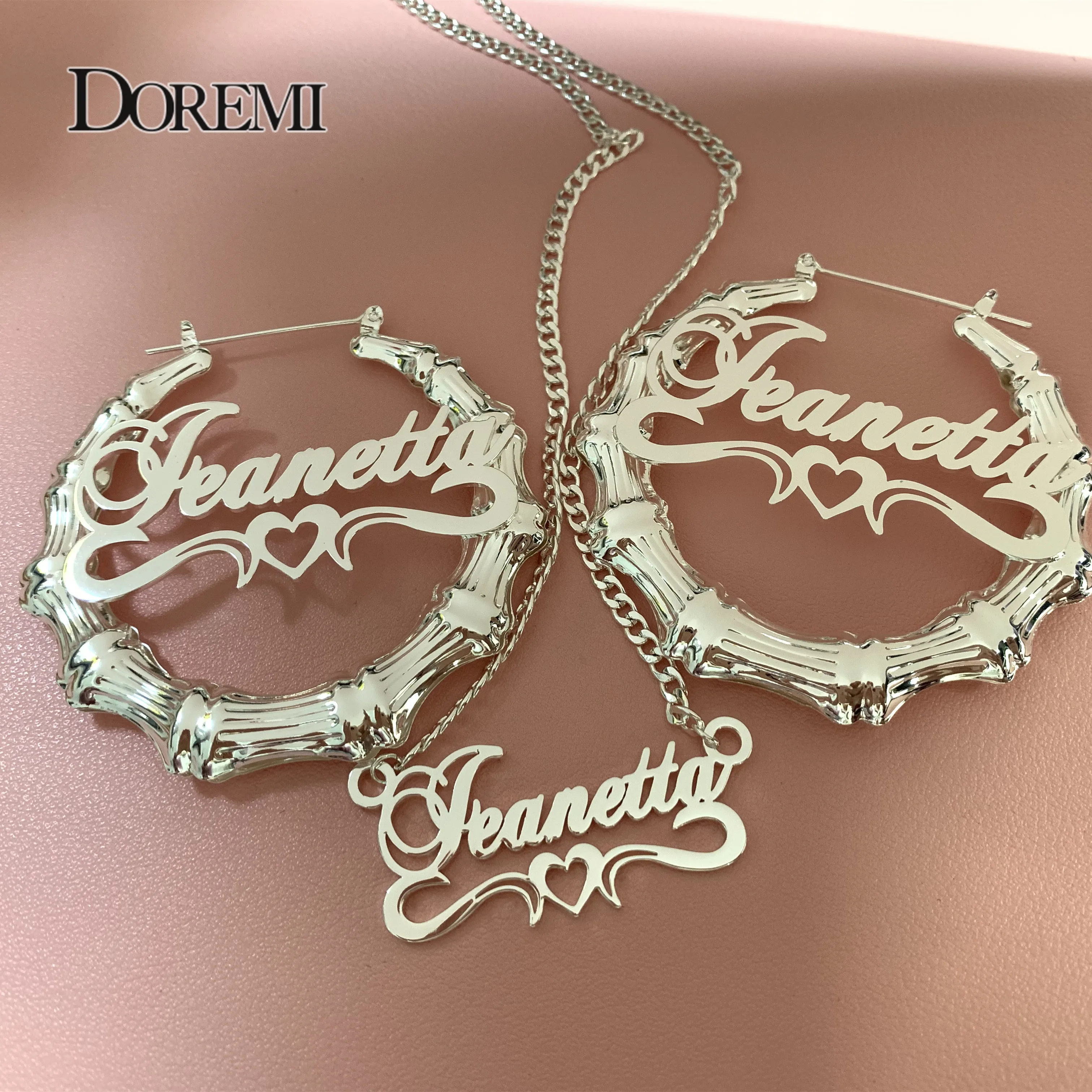 DOREMI 2 pieces Set Name Earrings and Necklace 3MM Cuban Bamboo Earrings Custom Heart Name Pendant Personalised Name Earrings