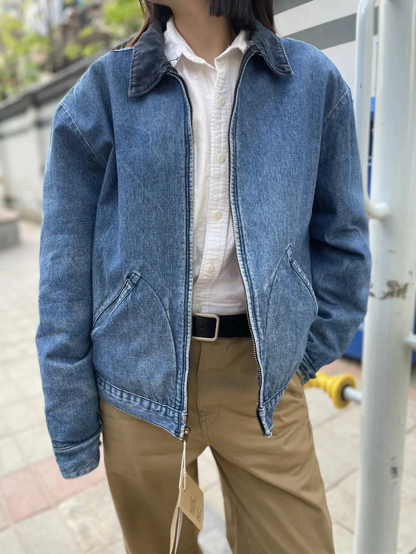 

Retro American Color Blo ort Denim Jaet Loose Fit Youthful Sle Long Sve Zipper Closure Pure Color Autumn Outerwear