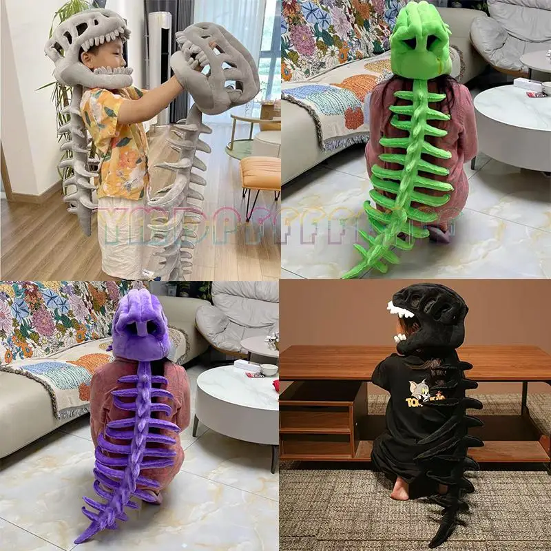 Dinosaurier-Skelett, lustige Kopfbedeckung, Plüschtier, männliche Cosplay-Puppe, lustiges Skelett, weiß, lila, grasgrün, schwarz, Halloween