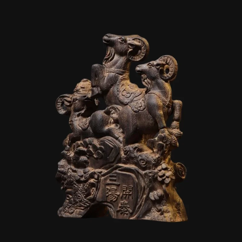 Hand-Carved Premium Wood Three Goats Statue - 8.3