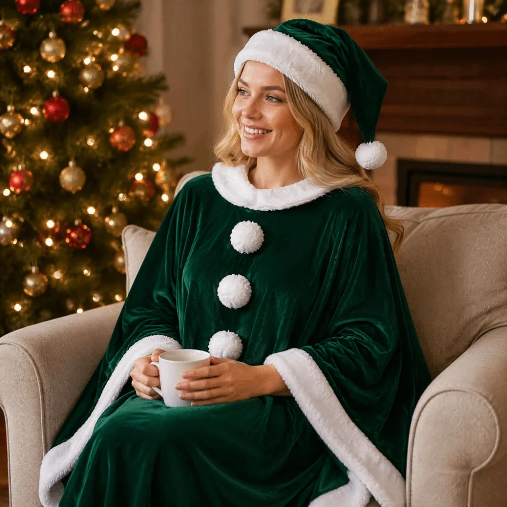 Simple Polyester Christmas Cloak and Hat Thick Warm Xmas Cape Cosplay Costume Shawl Santa Claus Costume Autumn Winter