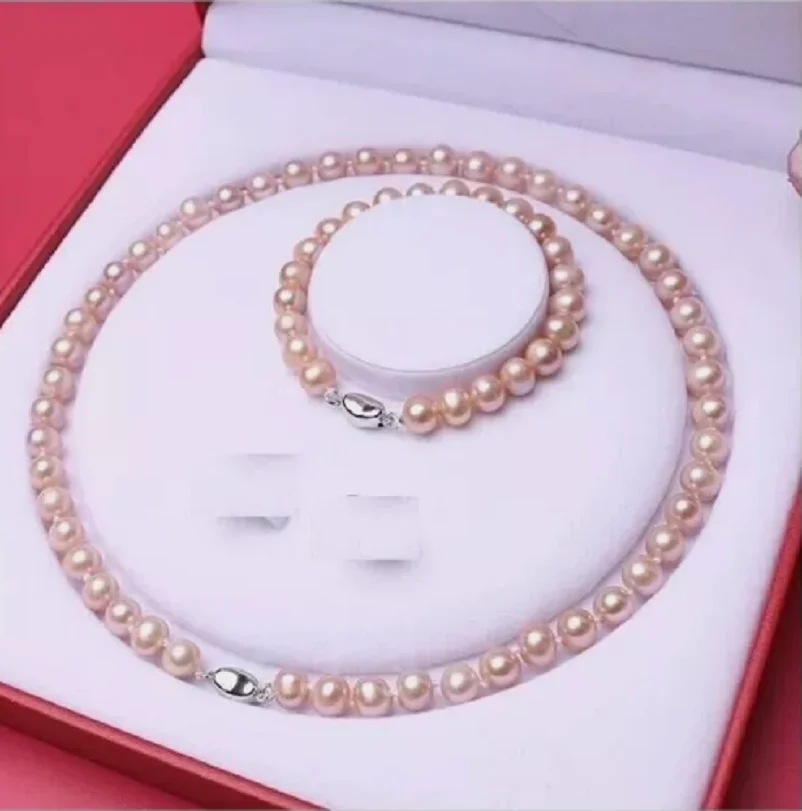 

Fashion Jewelry AAAA 9-10mm South Sea Pink Pearl Necklace+Bracelet 7.5-8 inches 925s
