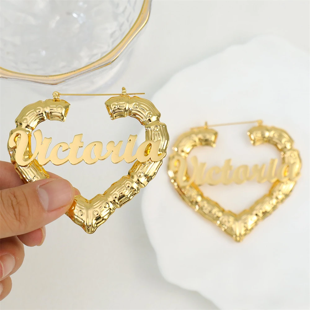 Heart Bamboo Name Earrings for Women Custom Jewelry Personalized Stainless Steel Hoop Earrings Mom Gift Piercings Para Oreja