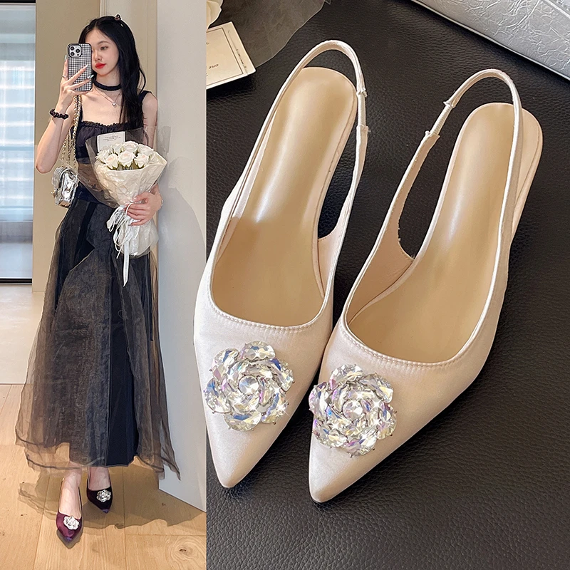 2026French Rhinestone Tea Rose Pointed Toe High Heel Single Shoes New Elegant Thin Heel Versatile Cover Head Women's Shoes