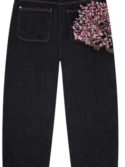 

Retro Plum Blossom Embroidery Straight Leg Jeans ex Street Faion Long Trousers l Waist Cotton Stretchable
