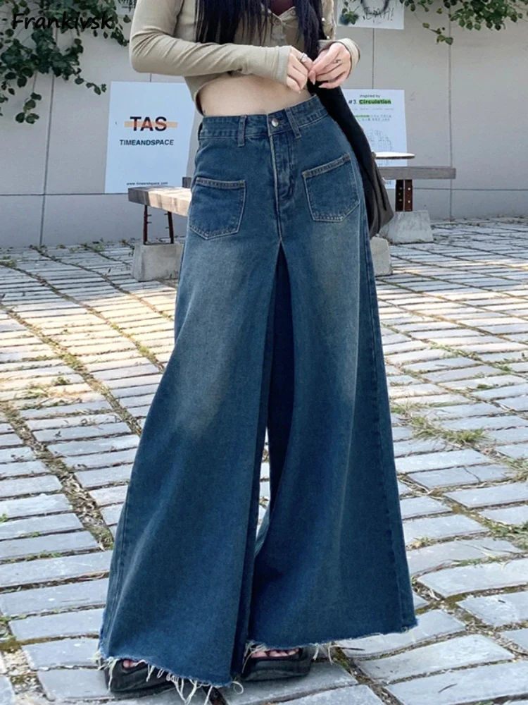 S-5XL Wide Leg Jeans Women Raw Edge Baggy Cozy Daily Spicy Girls American Retro Style Draping Full Length Workout Simple Bottoms