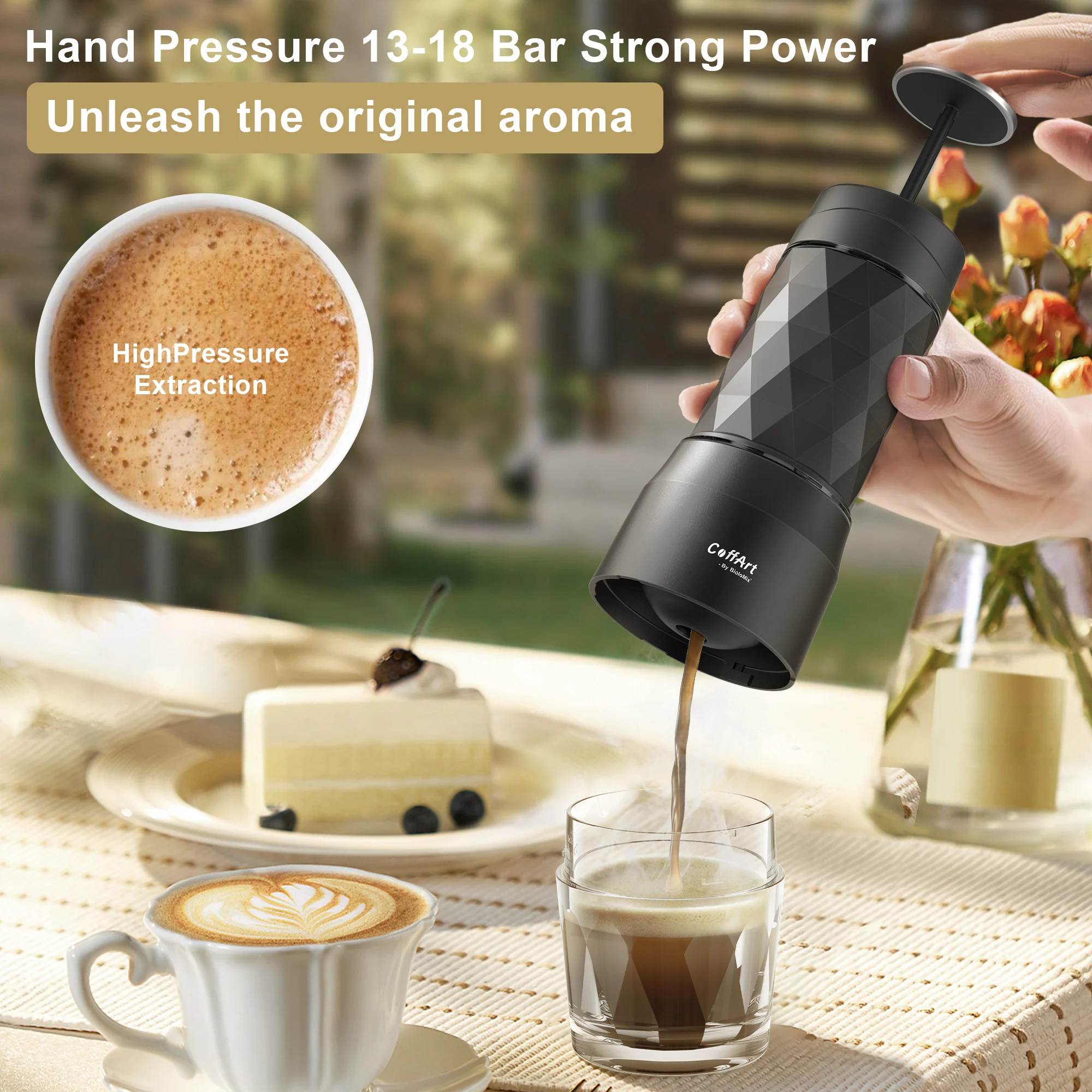 Draagbare Koffie Espressomachine Handpers Capsule Gemalen Koffie Brouwer Draagbaar Voor Reizen En Picknick, Biolomix