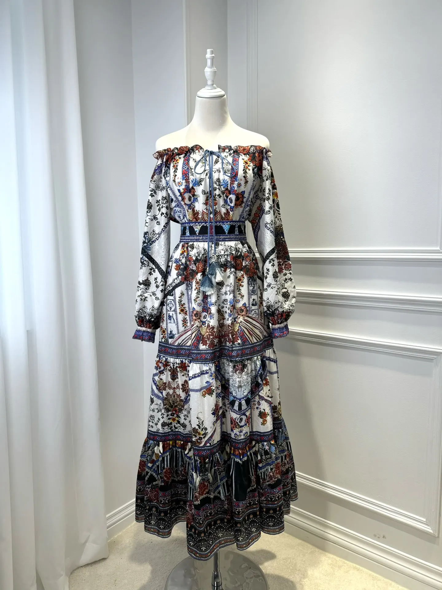 

Женский комплект из 2 предметов в стиле ретро с кисточками на шнуровке и длинными рукавами + юбка трапециевидной формы с эластичной резинкой на талии, винтажный женский костюм