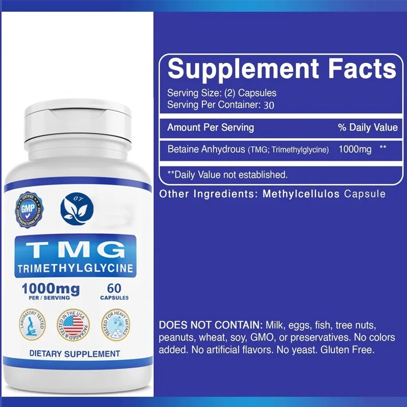 Supplément Tmg de Bétaïne, Liaison Aneuse, Triméthylrive-Zones Saines, Recyclage de l'ocystéine, Sans Gluten et Sans OGM, 1000mg