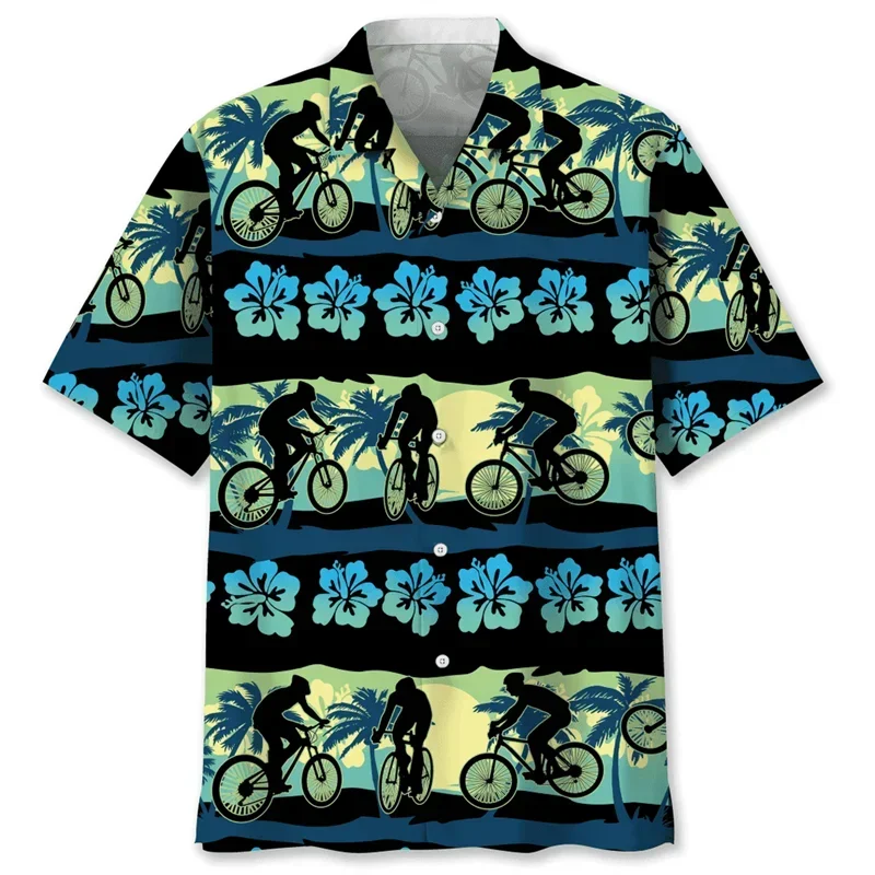 Colorful Tropical Cycling 3D Print Shirt For Men Bicycle Graphics Short Sleeves Hawaiian Shirts Street Aloha Loose Lapel Blouse