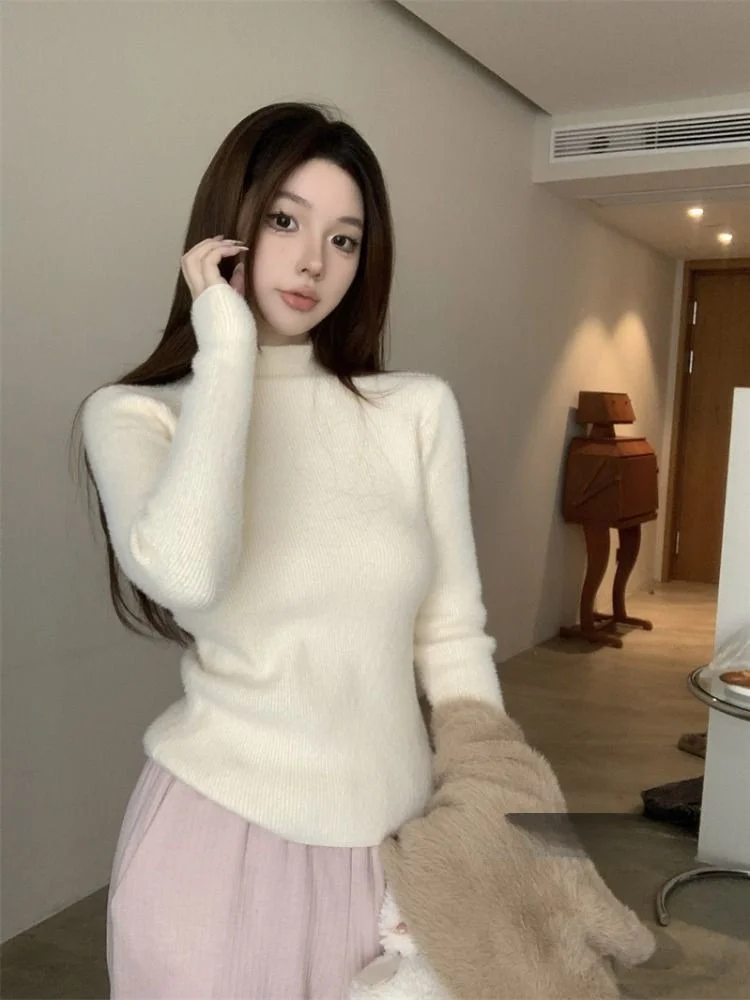 

Весенний утепленный облегающий вязаный свитер с высоким воротником на флисовой подкладке, женский, с интегрированным бархатным начесом, для ношения как нижний слой или как верхняя одежда, вязаный топ