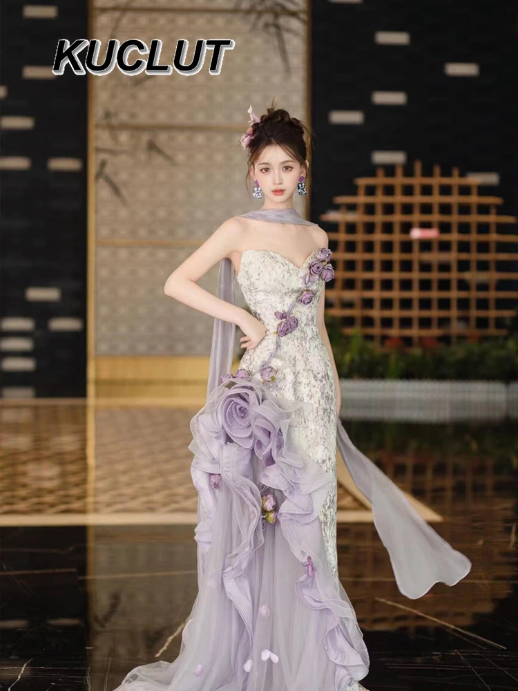 

Summer Vintage Purple Tube Top Long Dresses Femme Elegant Formal 2025 New Sexy Strapless Women's Evening Dress Fashion